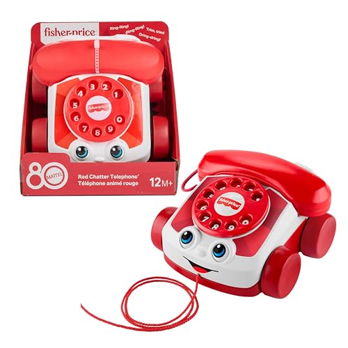 Fisher-Price - Telefono Chiacchierone Rosso, gioco trainabile con l'iconico filo rosso in stile Mattel, edizione speciale 80° Anniversario, giocattolo per bambini, 12+ mesi, JGG97