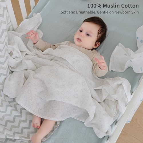 Image of POMISO Muslin Swaddle Blankets for Boys & Girls, Newborn Receiving Blankets, 4 Pack Soft Breathable Baby Swaddles, Large 47x47 Inches, Stars & Striped