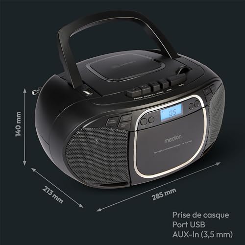 MEDION E66476 Stereo Sound System (Boombox, Lecteur CD, MP3, Cassette, Lecteur de Cassette Portable pour Enfants, Radio FM, AUX, écouteurs, Secteur & Batterie) Noir