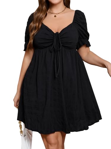 Image of SOLY HUX Women's Plus Size A Line Midi Dress | Summer, Sweetheart Neckline, Puff Short Sleeve, Sundress