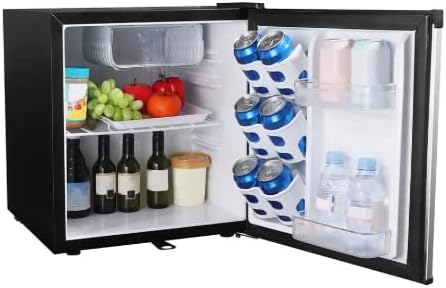 Interior view of Atvio compact refrigerator with food items