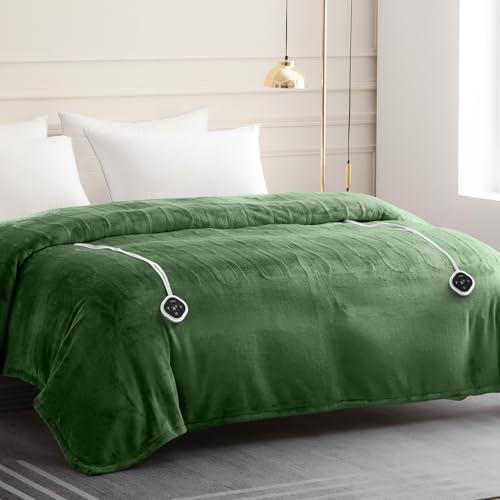 Image of HOMLYNS LuxeHeat Heated Blanket Electric Blanket Queen Size, Soft Flannel Sherpa Heating Blanket with 10 Heat Settings, 1-10 hrs Timer Auto Shut Off (84x90 inches, Green), Only for 120V Voltage Use