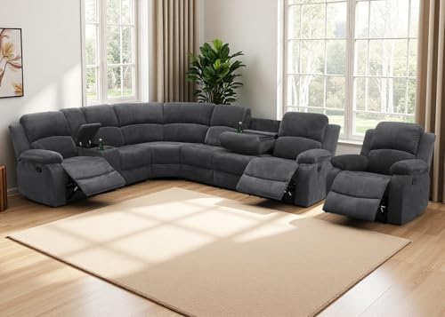 Anthato Manual Reclining Sectional Sofa Set, Living Room Furniture Sets, L-Shaped Sectional Couch & Chair, Comfy 7-Seat Corduroy Fabric Recliner Couch with Coffee Table/Cup Holders for Office, Grey