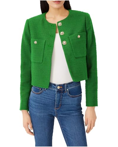 Women's Cropped Tweed Blazer Jacket Collarless Long Sleeve Button Down Work Office Jacket Casual Elegant Outfits