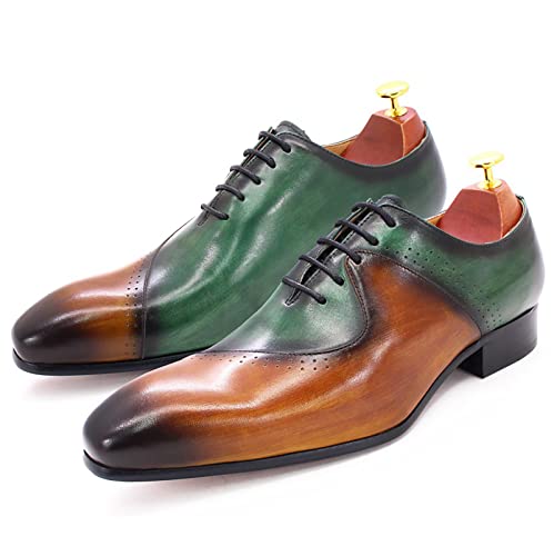 Mens Brown and Green Leather Uniform Shoes Dress Formal Lace Up Derby Shoe Classic Work Oxfords Office Wedding,Brown-422