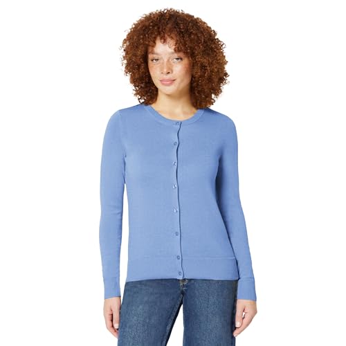Amazon Essentials Women's Lightweight Crewneck Button-Down Cardigan Sweater (Available in Plus Size), Blue, Large