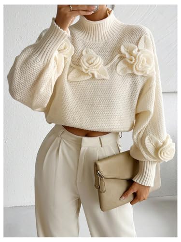 Image of MakeMeChic Women's 3D Flower Mock Neck Sweater Lantern Sleeve Drop Shoulder Pullover Top Apricot Medium