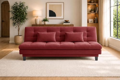 Image of 3 Seater Velvet Sofa Cum Bed, Tufted Convertible Sleeper Couch, Space-Saving Design Comfortable Cushioned Seating - Red Color