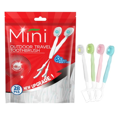 KUGUAN 28 Packs Mini Brushes-Disposable Toothbrushes with Toothpaste + Floss + Pick + Tongue Scraper Travel Size Individually Wrapped Business Trip Work or Travel (Mix Flover)