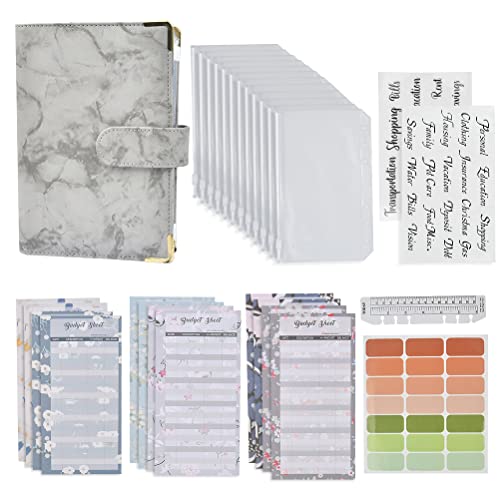 6 Holes Budget Planner, PU Leather A6 Binder Notebook Loose Leaf Notebook Folder with 12 Budget Sheets 12 Plastic Binder Covers 2 Sheets Label Stickers 2 Sheets Category Stickers 1 Rule