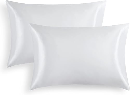 RUIKASI Funda de almohada de satén para cabello y piel, juego de 2 fundas de almohada blancas tamaño Queen, fundas de almohada sedosas tamaño Queen,