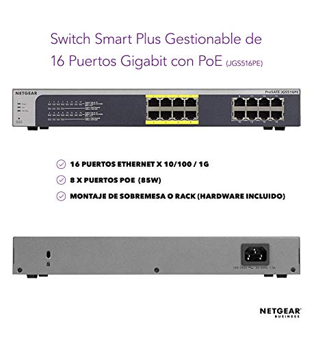 Netgear-JGS516PE-100EUS-Smart-switch-gestionable-16-puertos-Gigabit-PoE-y-montaje-en-bastidor-alimentacion-a-traves-de-Ethernet-de-8-puertos-y-85-W