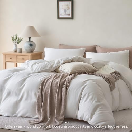 Image of JELLYMONI Queen Size Duvet Cover 100% Cotton Linen Texture Breathable Set | Pure Cotton, Zipper Closure, with natural wrinkles, Breathable&Soft, fade-resistant, 1 Duvet Cover & 2 Pillowcases