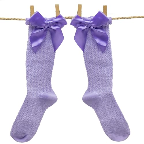 Calcetines Altos De Algodón Con Lazo Para Niños, Medias altas con lazo para niños, Calcetas algodón, Medias infantiles con lazo decorativo, Algodón, Transpirable, Apto hasta 3 años, Purpura