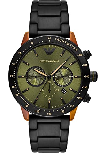 Image of Emporio Armani Watch for Men, Quartz 2 sub dial Chronograph Movement and 43mm Case Size with Stainless Steel Strap, Black and Green, 43 mm, Classic with stainless steel bracelet