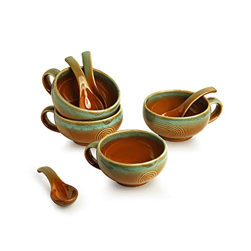 Image of ExclusiveLane 'Peacock Boulevard' Ceramic Soup Bowl with Spoon Set of 4 (320 ML, Dishwasher & Microwave Safe Bowls) | Modern Ceramic Soup Bowls with Handle Soup Bowls Set of 4 Soup Bowl Set