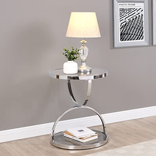 Ferfalder High Gloss Side Table-Faux Marble Round End Table 2 Tiers Bed Side Table/Night Stand For Living Dining Room Bedroom With Circle Chrome Metal Frame #TOP6