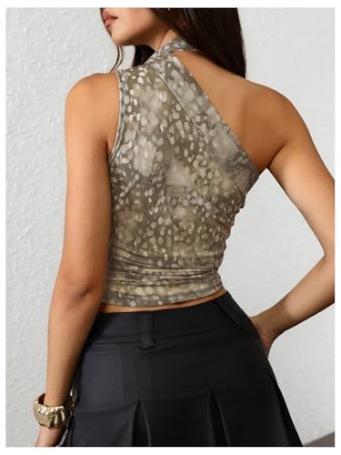 Image of RoseSeek Women's Y2K Leopard Polka Dots Halter Asymmetrical Neck Crop Tops | One Shoulder, Slim Fit, Sleeveless, Cheetah Print, Summer Tops, Scarf Tops, Party, Going Out Tops