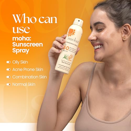 Image of Moha Sunscreen Spray SPF 50 PA++++ | Broad Spectrum UVA /UVB & Blue Light Protection | Lightweight, Non-Sticky, Non-Comedogenic & Alcohol-Free SPF Spray | With US & EU Grade Ingredients | For Teens, Women, Men, Oily & Dry Skin | Pollution Defence, Water & Sweat Resistant, No White Cast, With Rice Bran Oil - 170g (Packof 2)