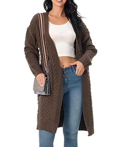 Shineflow Womens Long Sleeve Casual Cable Knit Long Cardigan Knee Length Open Front Sweater Outerwear with Pockets2