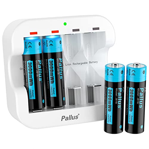 Pallus 1.5V Lithium Batteries AA, Rechargeable AA Batteries 3000mWh, 2Hrs Fulled Charged, 4 Pack Double A Batteries for Flashlight, Toys, Remote Control