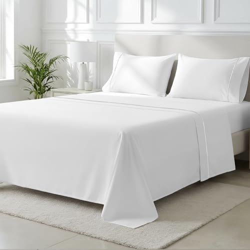 THREAD SPREAD 100% Egyptian Cotton King Size Sheets Set - 2000 Series Luxury King Bed Sheets (4 PC, White), Silky Soft & Cooling Sateen Weave, 17 Inch Extra Deep Pocket Hotel Collection Sheet Set
