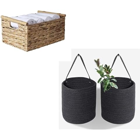 Bundle 1 piece of water hyacinth woven storage basket with wooden handle and 2 pieces of cotton rope woven hanging basket Cover