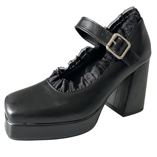 Gicoiz Women Square Toe Stylish Mary Jane Chunky Heel Pumps
