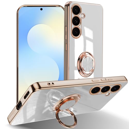 #rémunéré #Amazon<br>Coque pour Samsung Galaxy S25 FE 5G [avec 360?Ring Stand pour Support Voiture Magnetique] TPU Silicone Galvanoplastie Design Antichoc Camera Lens Protection Cover pour Galaxy S25 FE 5G-Blanc