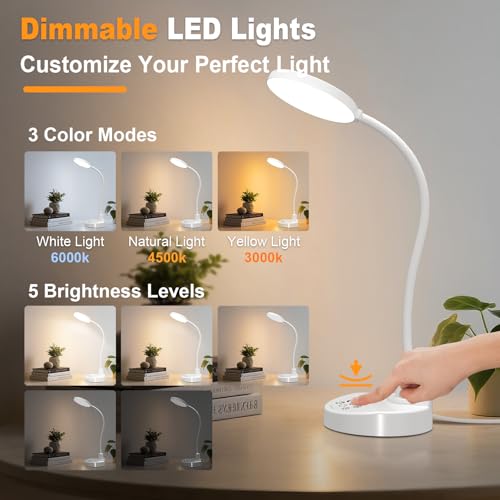 Image of 15 W LED Desk Lamp with USB-A & USB-C - Dimmable, 3 Colour Temperatures, 5 Brightness Levels, 4 Timers, Flexible 360 Gooseneck, Eye-friendly, Table Lamp for Office & Bedroom - White