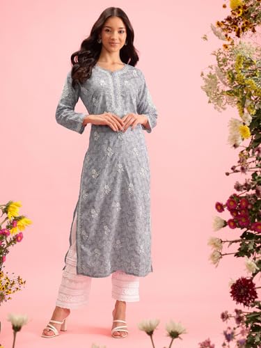 Image of Ada Women's Cotton Straight Fit Straight Hand Embroidered Lucknowi Chikankari Kurta Kurti A411378