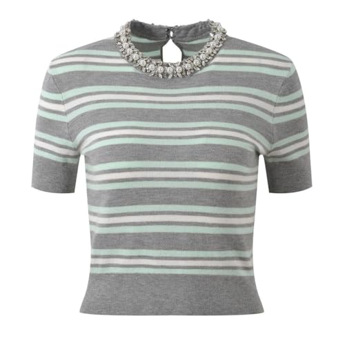 Women’s Elegant Pullover Short-Sleeve Sweater Pearls Beading Striped Top