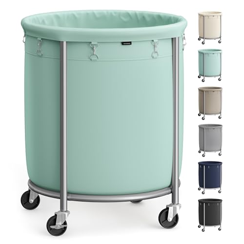 SONGMICS 50.2-Gallon (190 L) Laundry Basket with Wheels, Rolling Round Heavy-Duty Laundry Hamper Cart with Steel Frame and Removable Bag, 2 Locking Wh