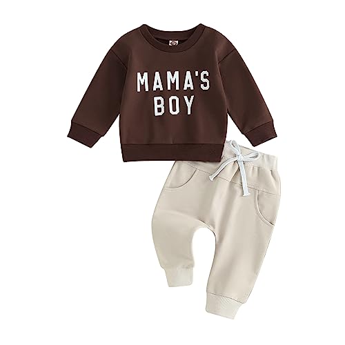 Image of JLKGICF Fall Winter Baby Boys Clothes Long Sleeve MAMA'S BOY Print Sweatshirt+Elastic Sweatpants Toddler Infant Outfit Set (Dark Coffee Apricot6, 0-6 Months)