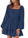 Dokotoo Spring Dresses for Women 2025 Square Neck Tie Backless Sexy Dress Long Lantern Sleeve Ruffle A-Line Mini Dress Shirred Elastic Waist Dark Blue Casual Dresses Medium