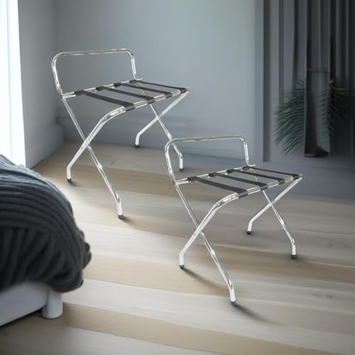 USTECH Luggage Rack-Single Tier with High Back, Chrome, Fully Asssembled, Foldable Rack for Guest Room (Pack of 2)