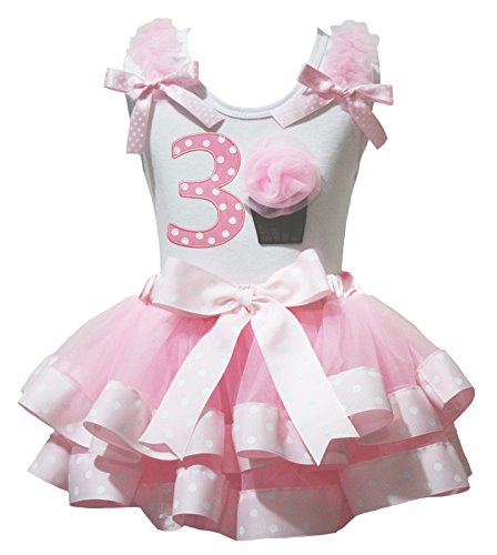 Vestido de cumpleaños infantil con falda de pétalos rosa y camisa blanca de cupcakes