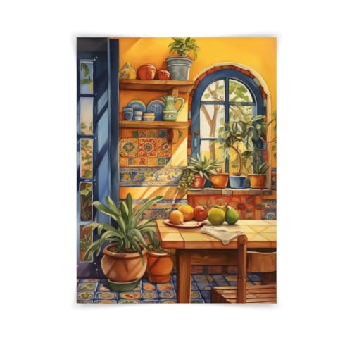 12x16 Traditional Mexican Kitchen Watercolor Print, Colorful Talavera Tile Wall