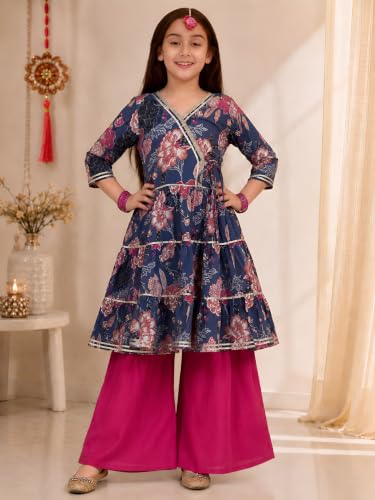 Image of Preneum Girl's Cotton Rayon Floral Printed Angrakha Kurta with Sharara & Dupatta