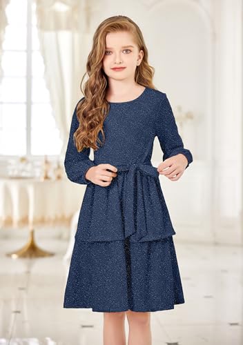 Arshiner Girls Dress Fall Sparkly Glitter Puff Sleeves Layer Party Dresses with Belt3