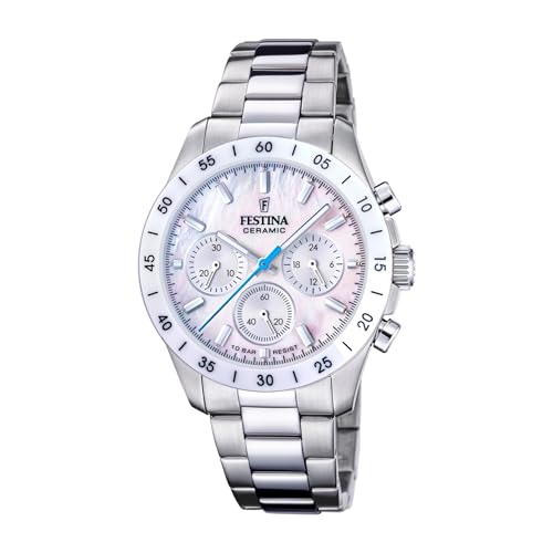 Festina Montre Unisexe Analogique Acier Inoxydable 316L Argenté - Quartz Chronographe - Verre minéral Haute résistance - Étanche 10 ATM F20693/1 - Ceramic