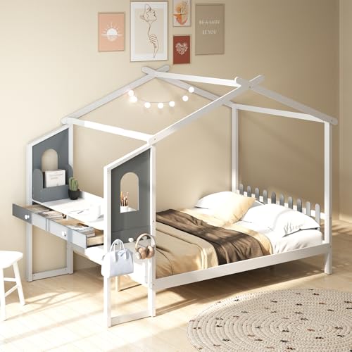 COSTWAY Lit Cabane Enfant 140 x 200 cm avec Grand Bureau, Lit Maison Double en Bois avec sommier à Lattes, Crochets et Tiroirs, Cadre de Lit Plateforme pour Garçon et...