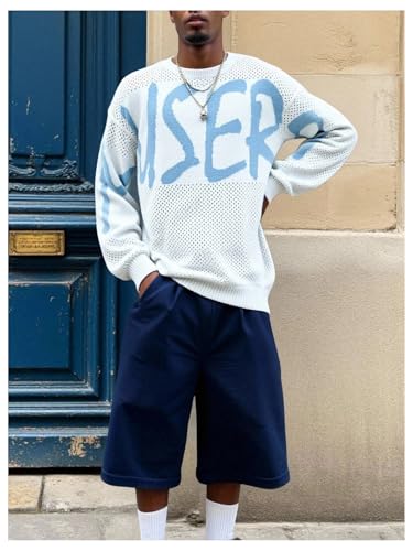 Men's Long Sleeve Crochet Sweaters Hip Hop Letter Graphic Crew Neck Baggy Knit Pullover Tops4