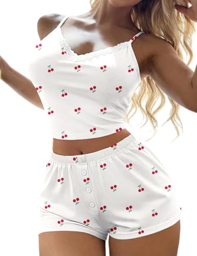 Image of Ekouaer Cami Pajama Sets Y2K 2 Piece Lace Crop Top and Shorts Sexy Pjs Summer Lingerie Sleepwear Nightwear for Women