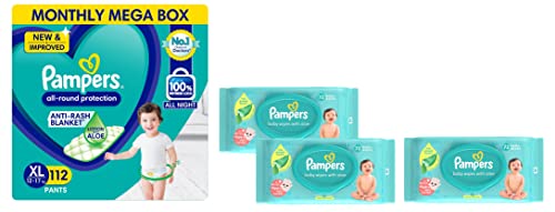 Image of Pampers New Diapers Pants Monthly Box Packs, X-Large (112 Count) & Pampers Aloe Vera Baby Wipes - 72 Count (Pack of 3)