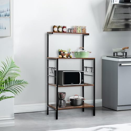 رف خبازين للمطبخ من ماستيل كيتشن، رف تخزين للمطبخ من 4 طبقات، عربة ميكروويف للقهوة والميكروويف مع 4 خطافات، رفوف للخبازين للمطابخ مع مساحة تخزين (بني ريفي)