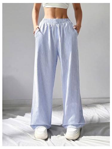WDIRARA Women's Striped Print Straight Leg Pants Elastic Waist Casual Trousers with Pockets3