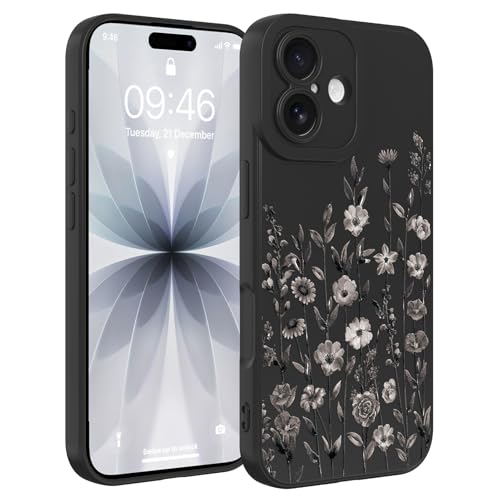 Image of Designed for iPhone 17 Case Flower for Women Girls, Black | Cute Floral Pattern Liquid Silicone Phone Case [Full Camera Protection] Slim Soft TPU Protective Cover
