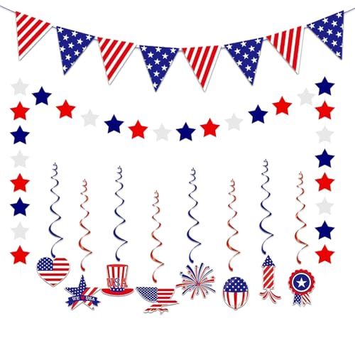 Image of Memorial Day Decorations 4th /Fourth of July Patriotic Decorations Set-Red White Blue Paper USA Flag Pennant, Star Streamer, Hanging Swirls Party Decor Supplies for Mantle Home Fireplace
