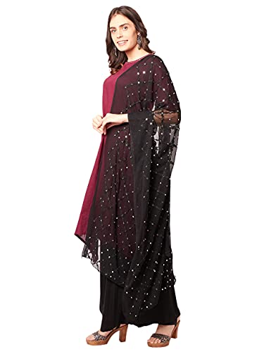 Image of DUPATTA BAZAAR Women's Black Embroidered Chiffon Dupatta with Mirror Work